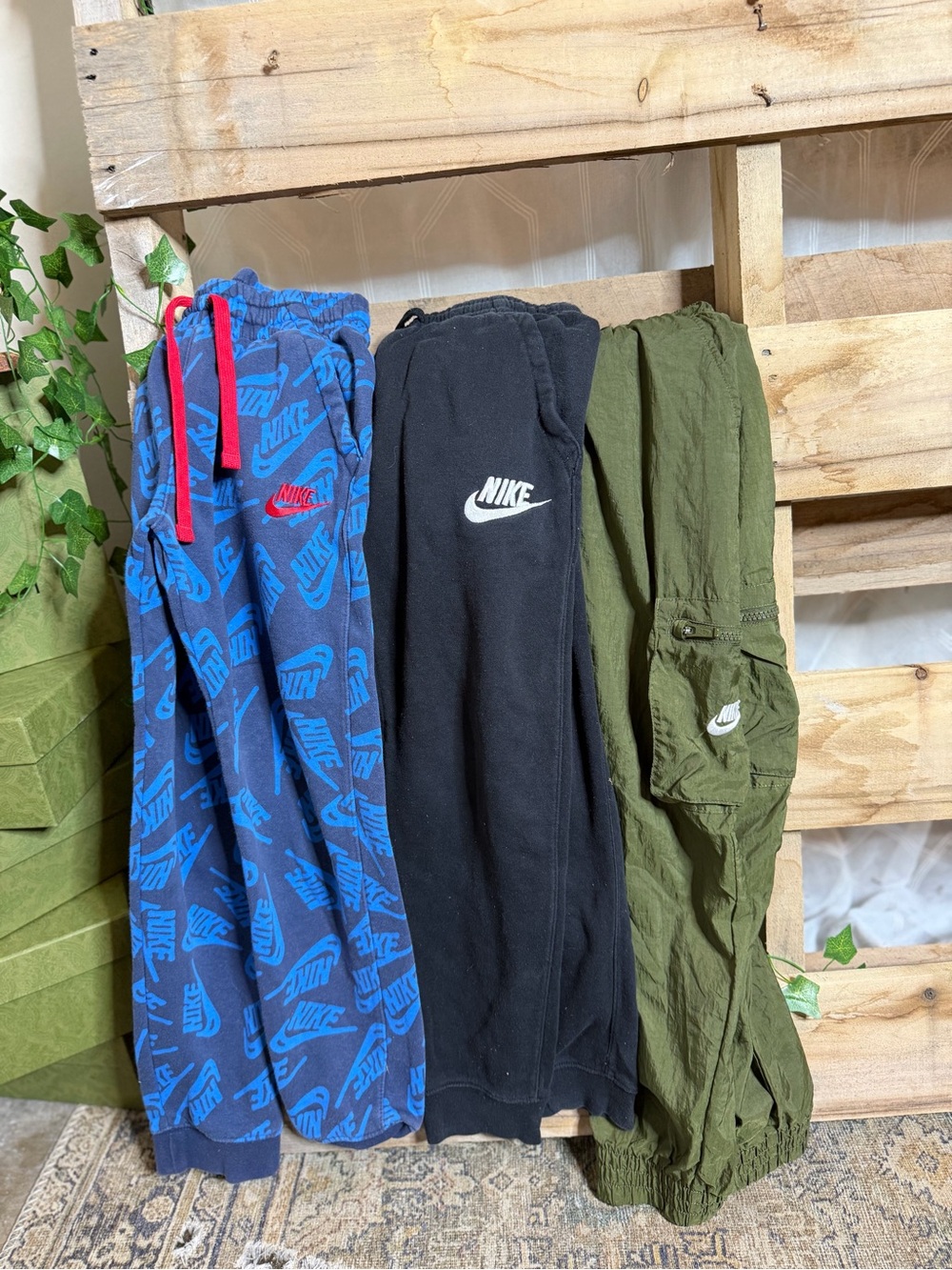 Nike Kids Black Sweatpants with Blue Logo-Print Joggers and Olive Cargo Pants